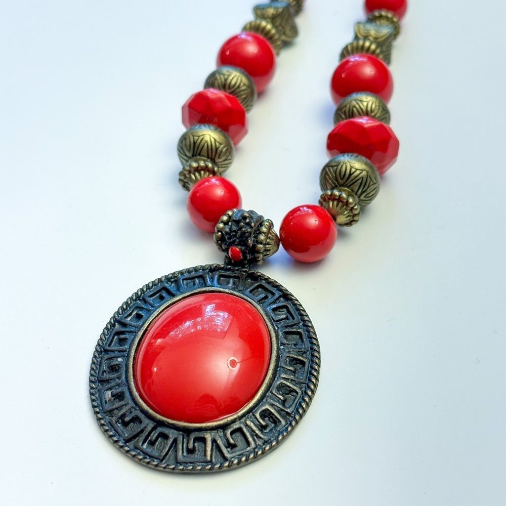 Nordstrom Brass Plum Red Beaded Statement Necklace